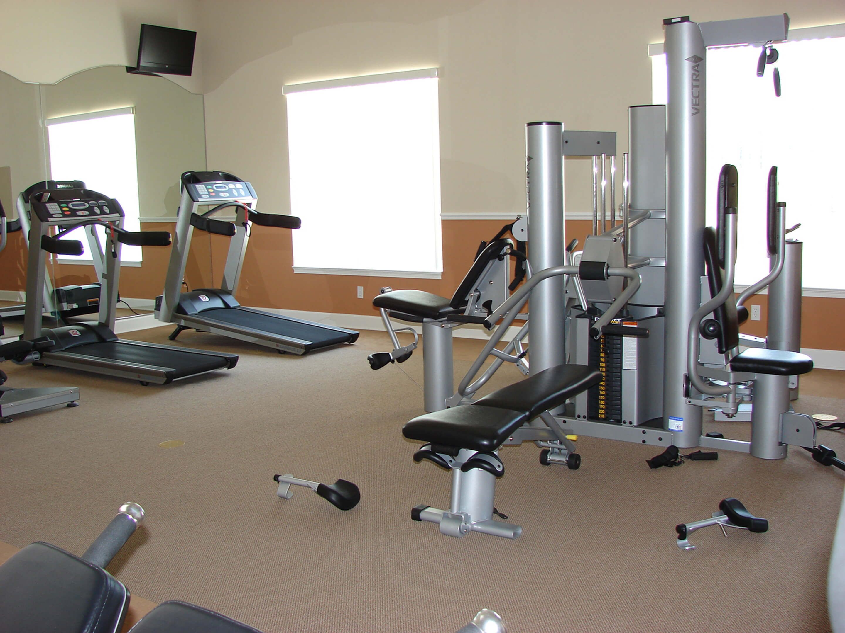 Une salle de sport équipée de tapis de course, d’appareils de musculation et de poids libres.