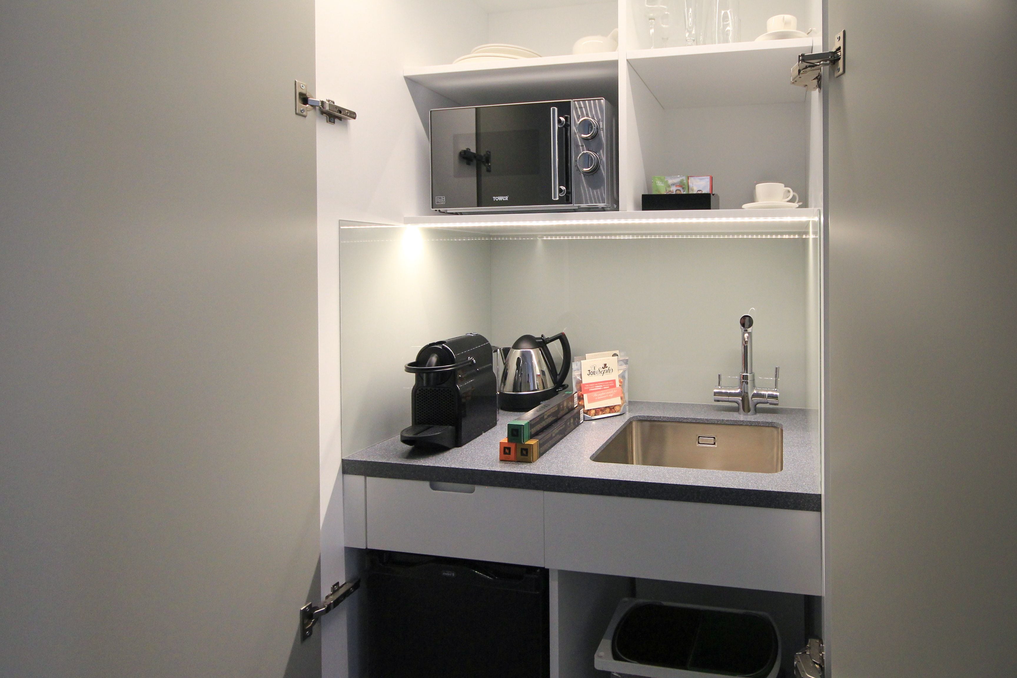 fridge, microwave, espresso maker, electric kettle