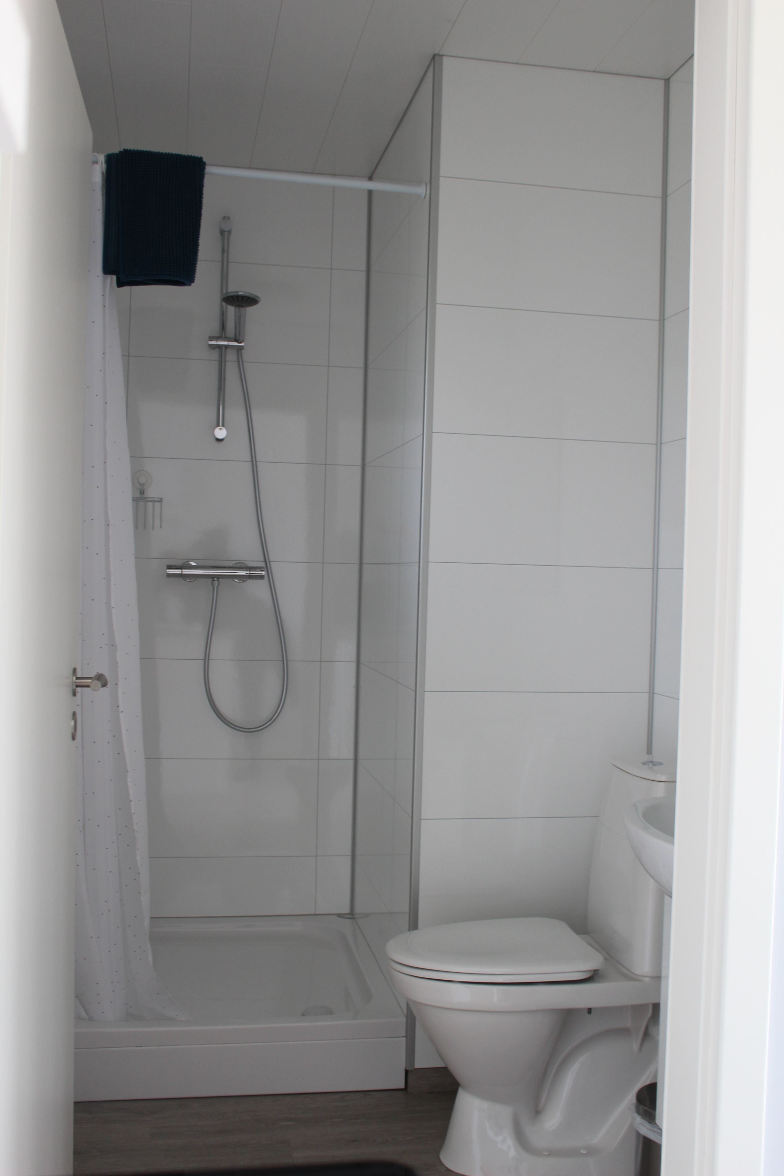 A bathroom with a shower, toilet, and sink.