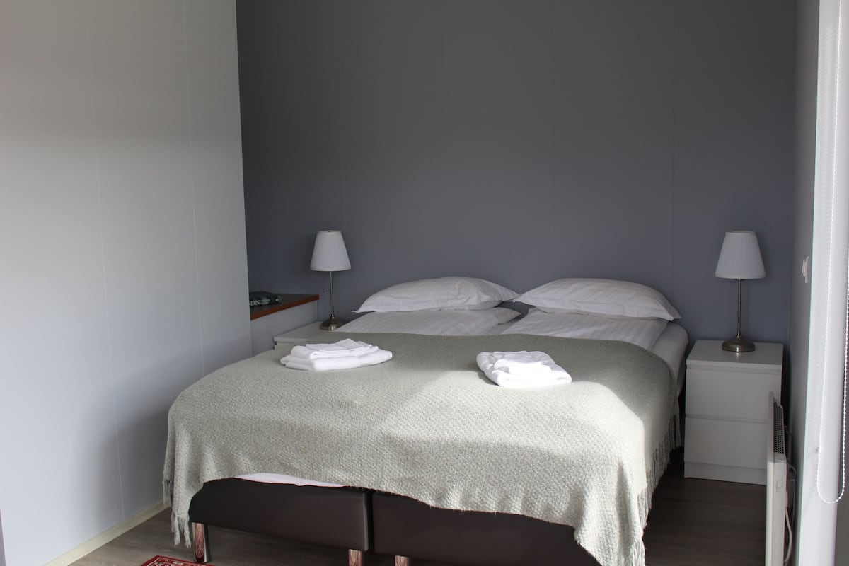 A neatly made bed with pillows and a blanket, two bedside lamps, a small bedside table, and a nightstand with a lamp.