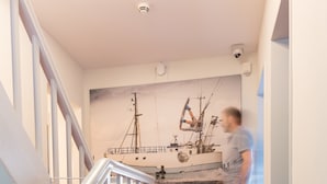 A staircase with a red carpet, white railing, and a wall-mounted artwork of a sailing ship. - Xotel (Xanten)