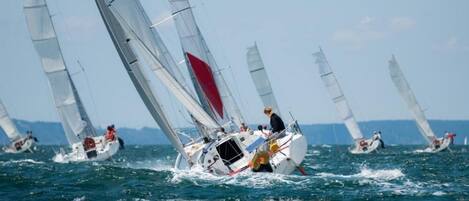 A sailboat race with multiple boats on the water.