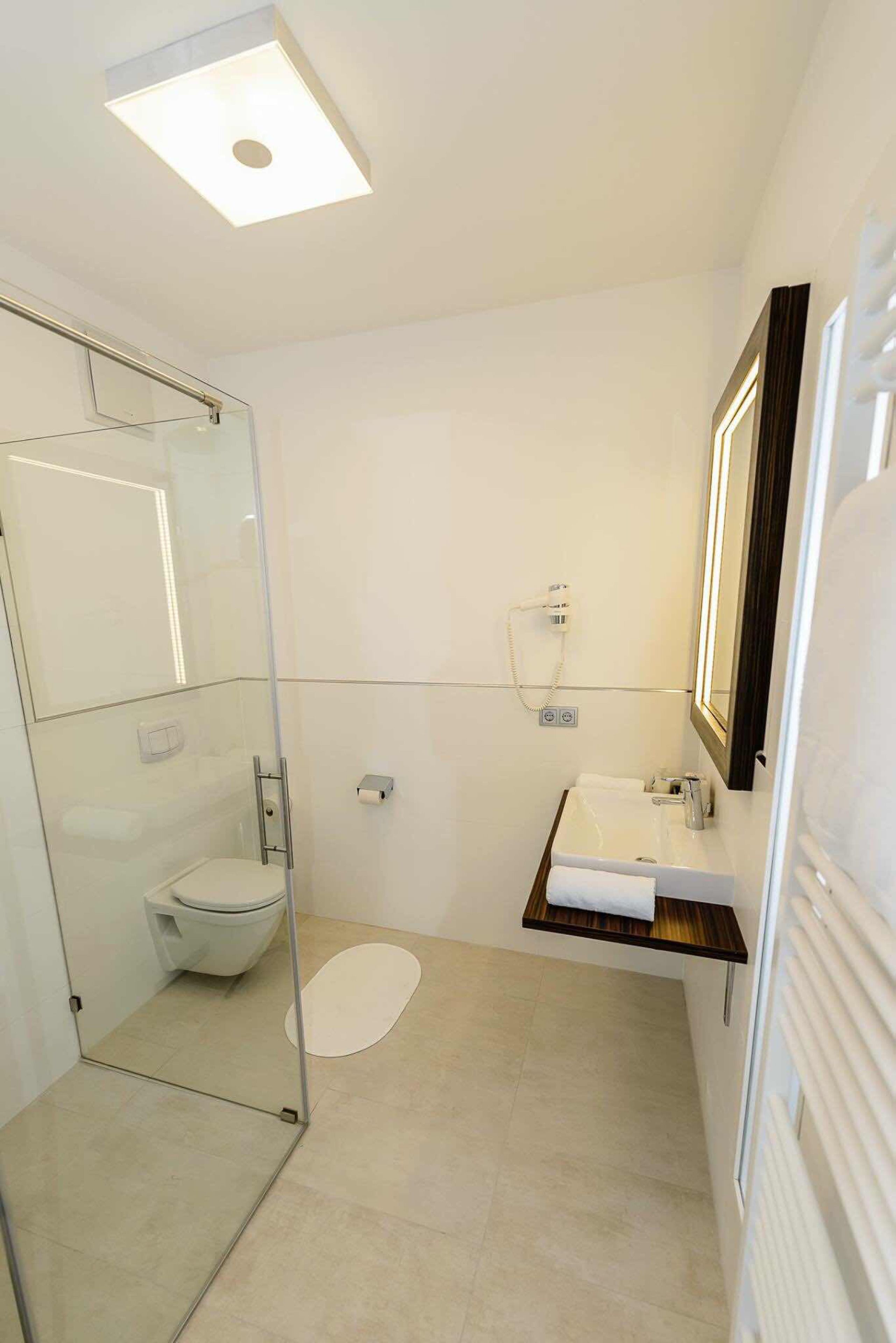 shower, rainfall showerhead, free toiletries, hair dryer