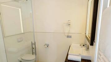 A modern bathroom with a glass shower enclosure, a toilet, a sink with a mirror, and a towel rack.
