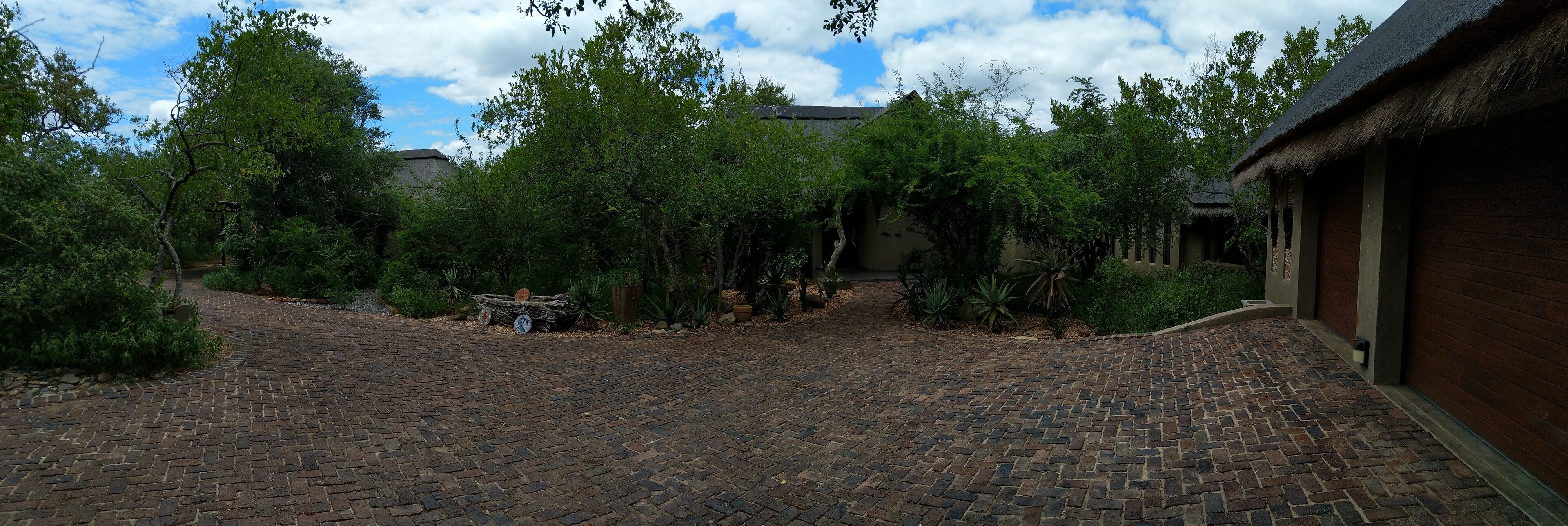 A courtyard with a brick pathway, surrounded by trees and a building with a thatched roof.