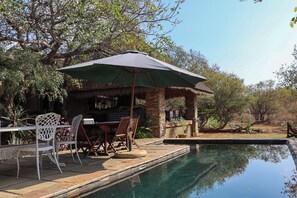 Outdoor pool, pool umbrellas, pool loungers