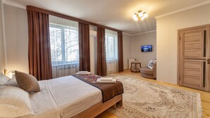 Un dormitorio con una cama grande, un televisor y un armario.
