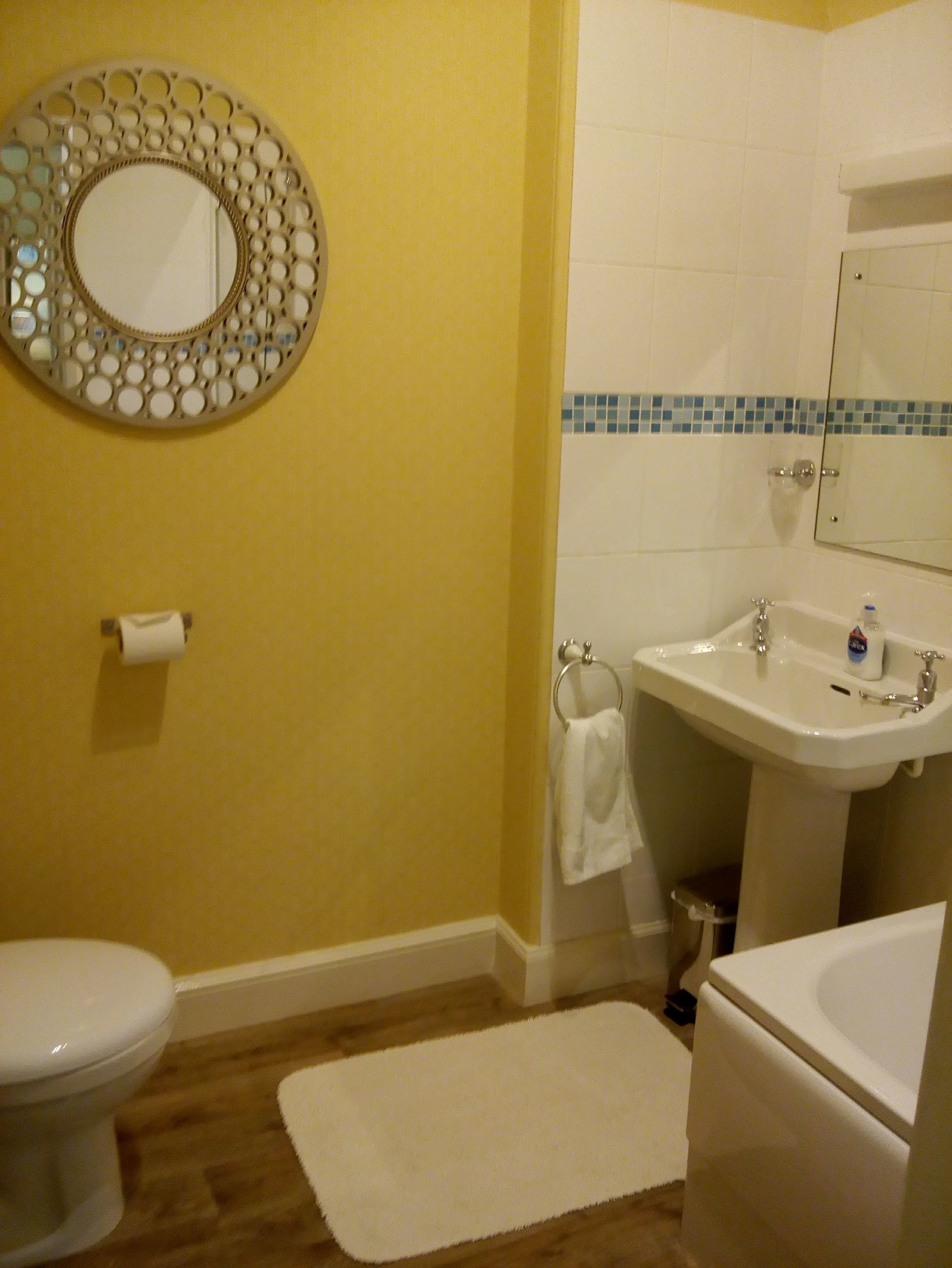 A bathroom with a toilet, sink, and mirror.