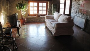 A cozy living room with a stone wall, a sofa, a television, a potted plant, and a radiator.