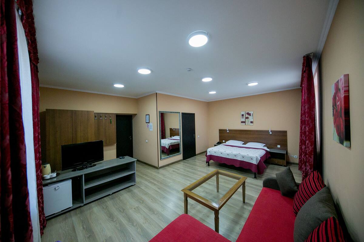 Una habitación de hotel con cama, televisión, sofá, una mesita y espejo.