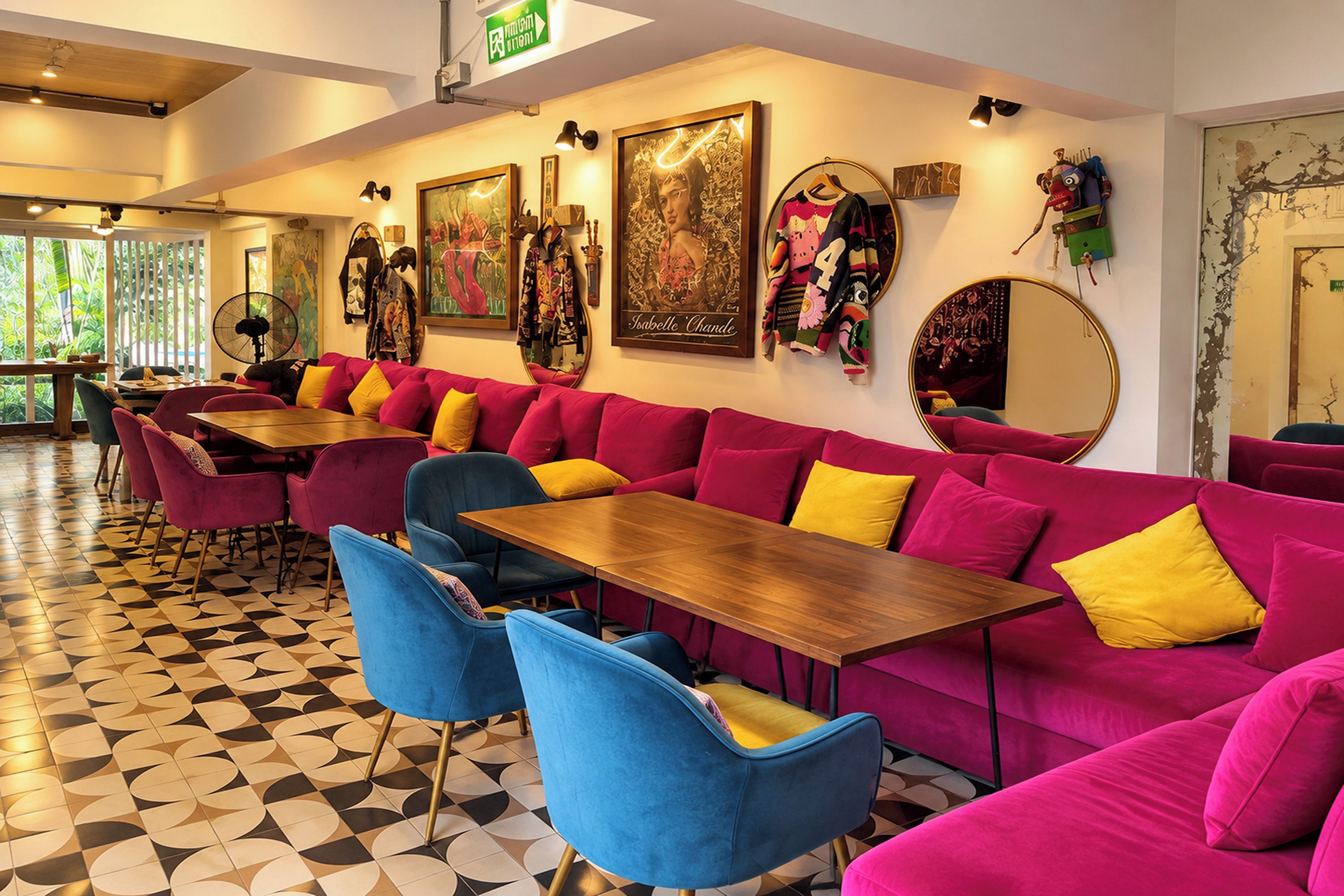 Un restaurante con un sofá rojo largo, sillas azules y un suelo a cuadros.
