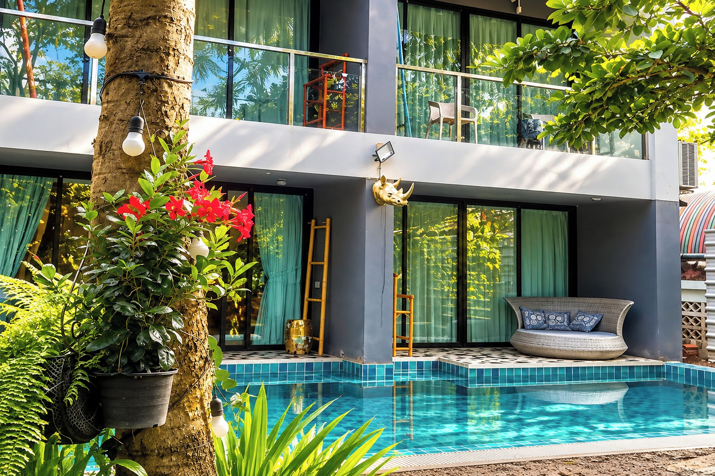 A modern building with a swimming pool, large windows, and outdoor seating.