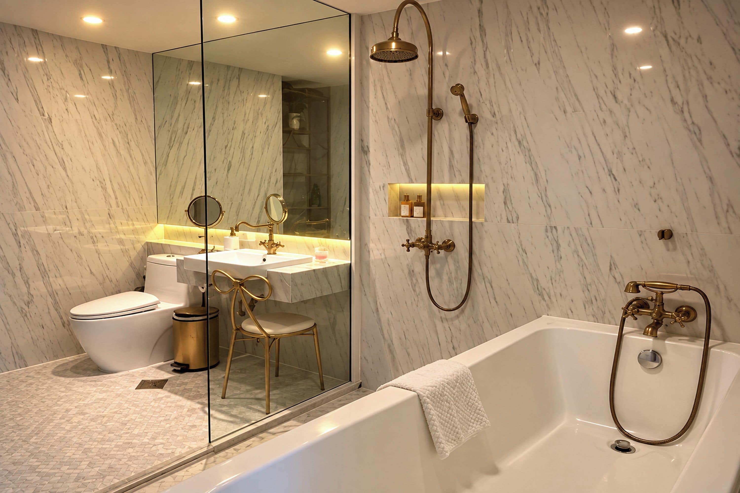 A modern bathroom with a glass-enclosed shower, a white bathtub, and a vanity with a mirror and sink.