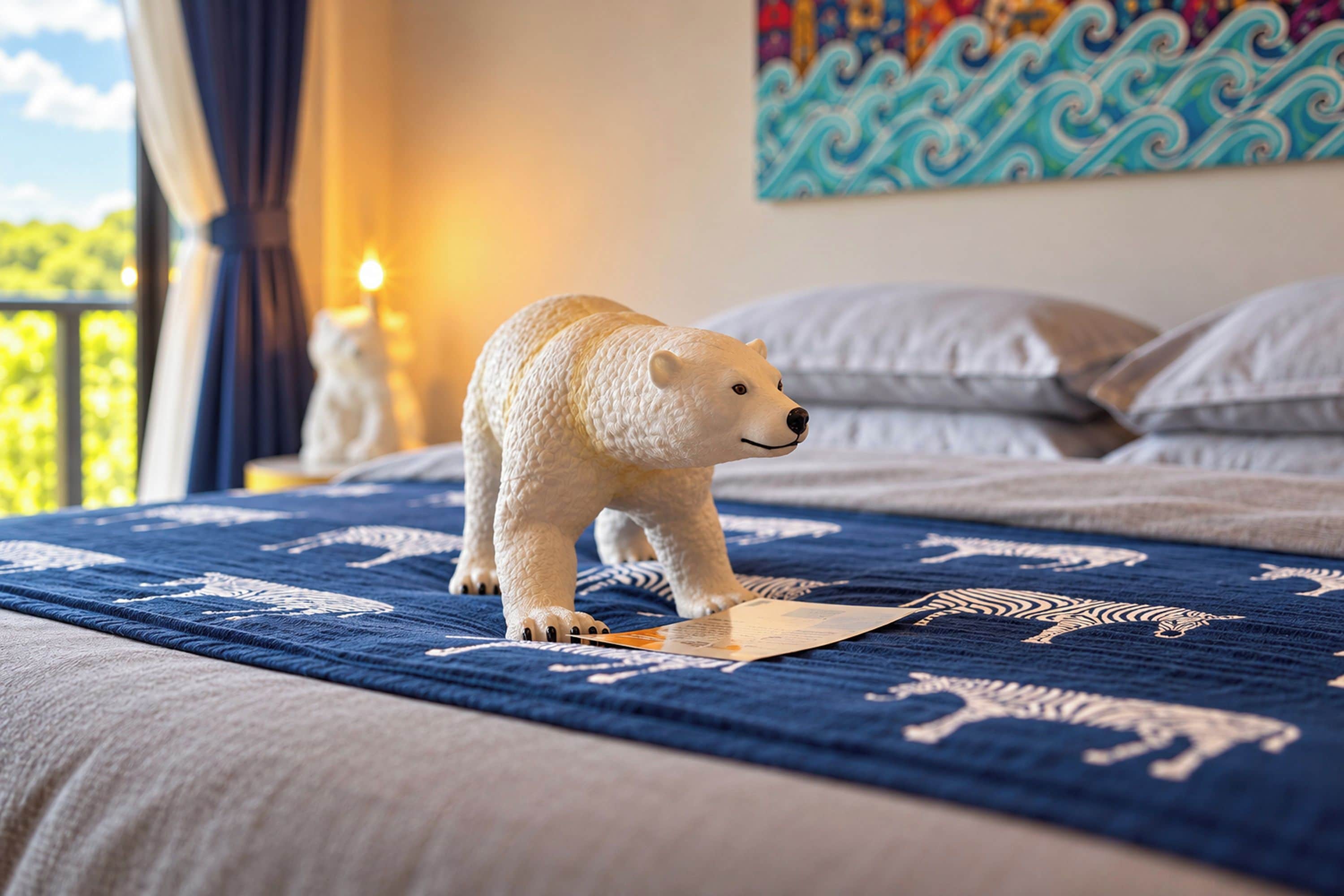A bed with a polar bear figurine on a patterned bedspread, a painting on the wall, and a nightstand with a candle.