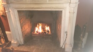 A fireplace with a fire burning inside, surrounded by white columns and a marble surround. - Disblair House (Aberdeen)