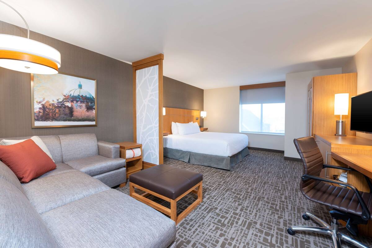 A hotel room with a sofa, a bed, a desk, and a chair.