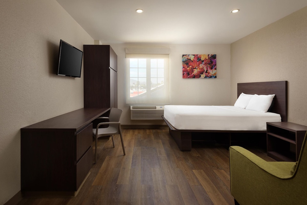 Desk, blackout curtains, bed sheets