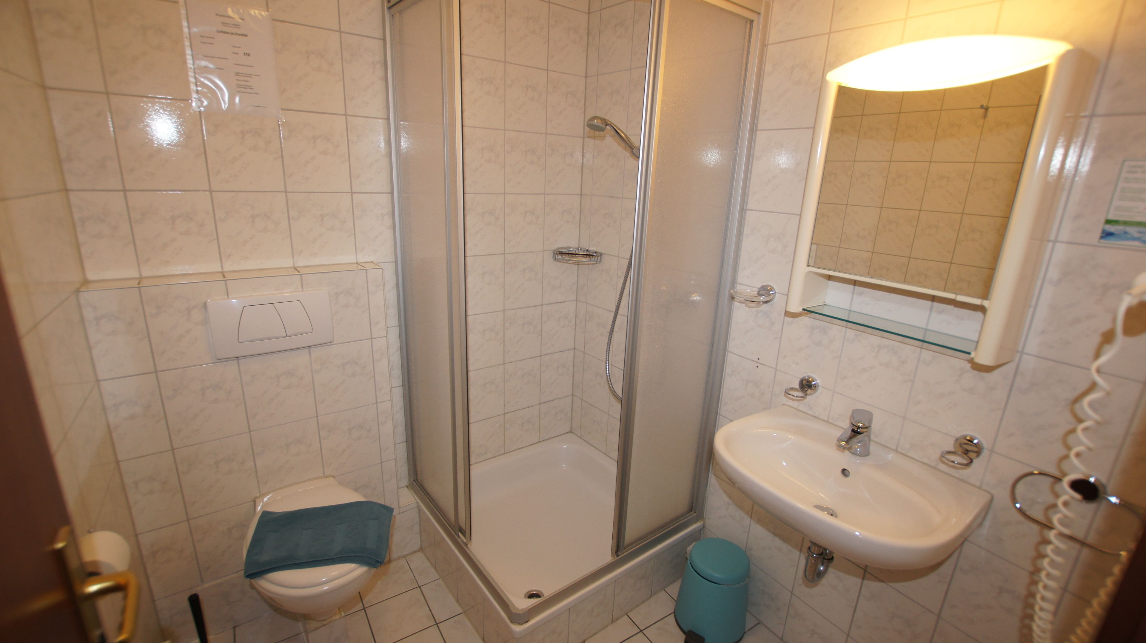 Un baño con ducha, inodoro, lavabo y espejo.