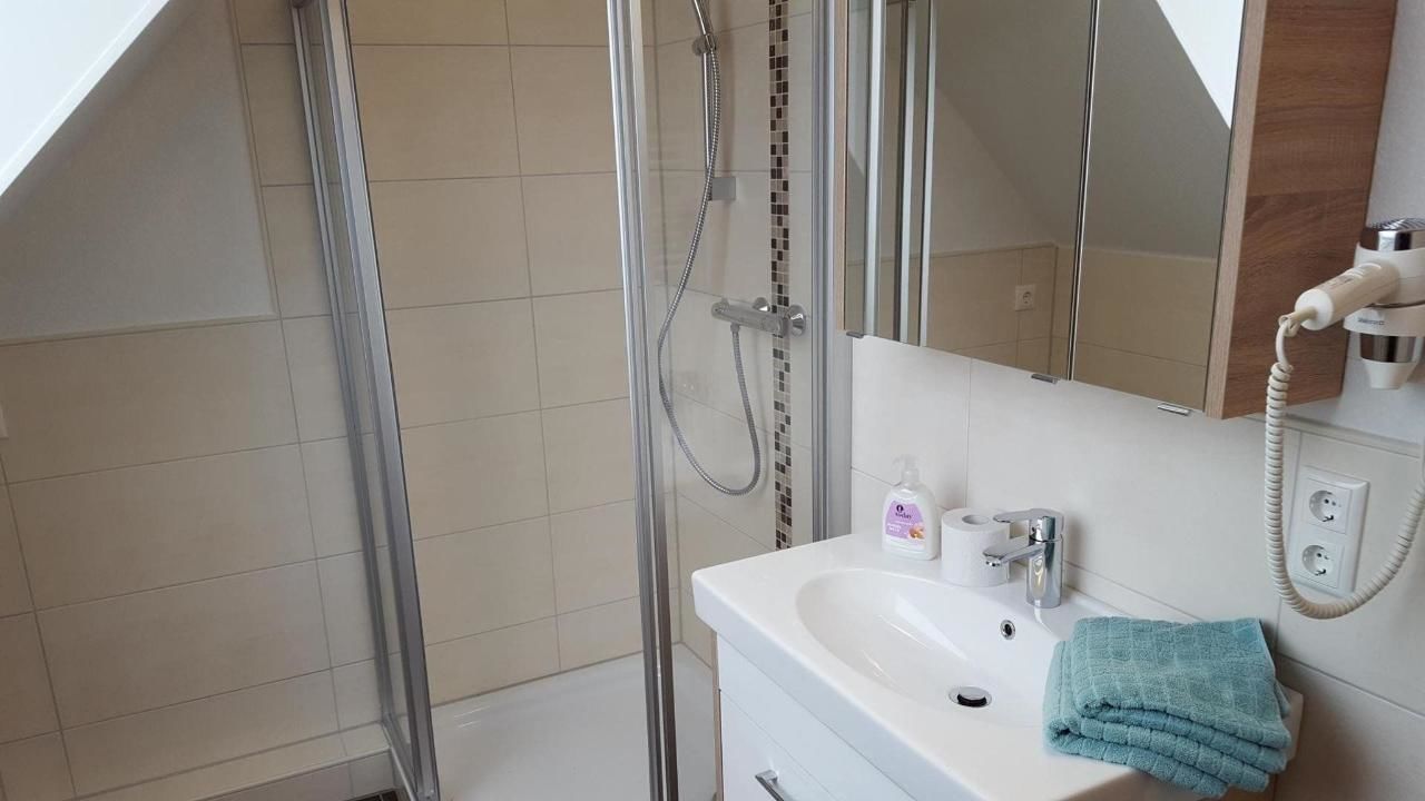A modern bathroom with a glass shower enclosure, a white sink, and a mirror.