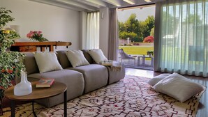 Un salón moderno con un sofá, una mesa de centro y un tapete estampado. Se ve un jardín a través de ventanas amplias.