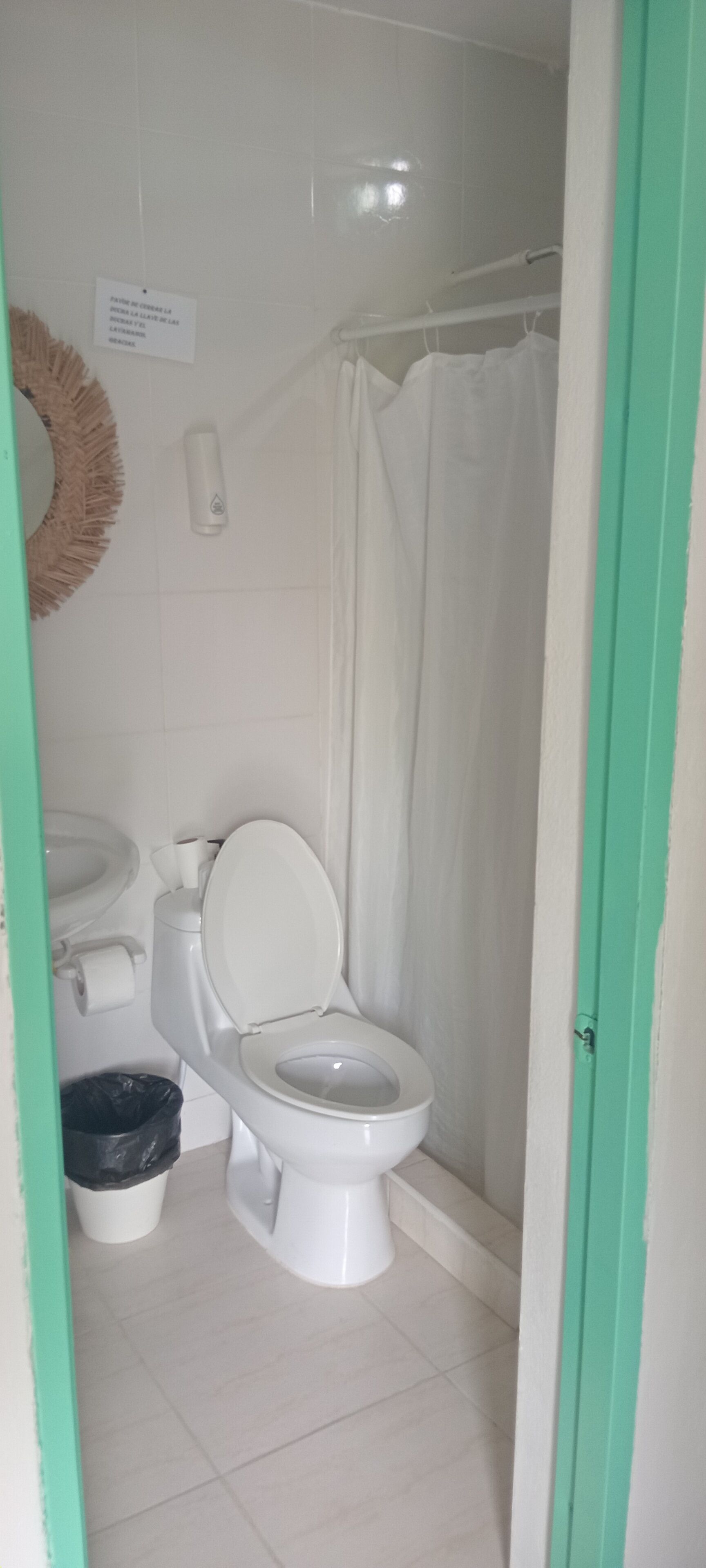 A bathroom with a toilet, a trash bin, a shower curtain, and a wall-mounted soap dispenser.