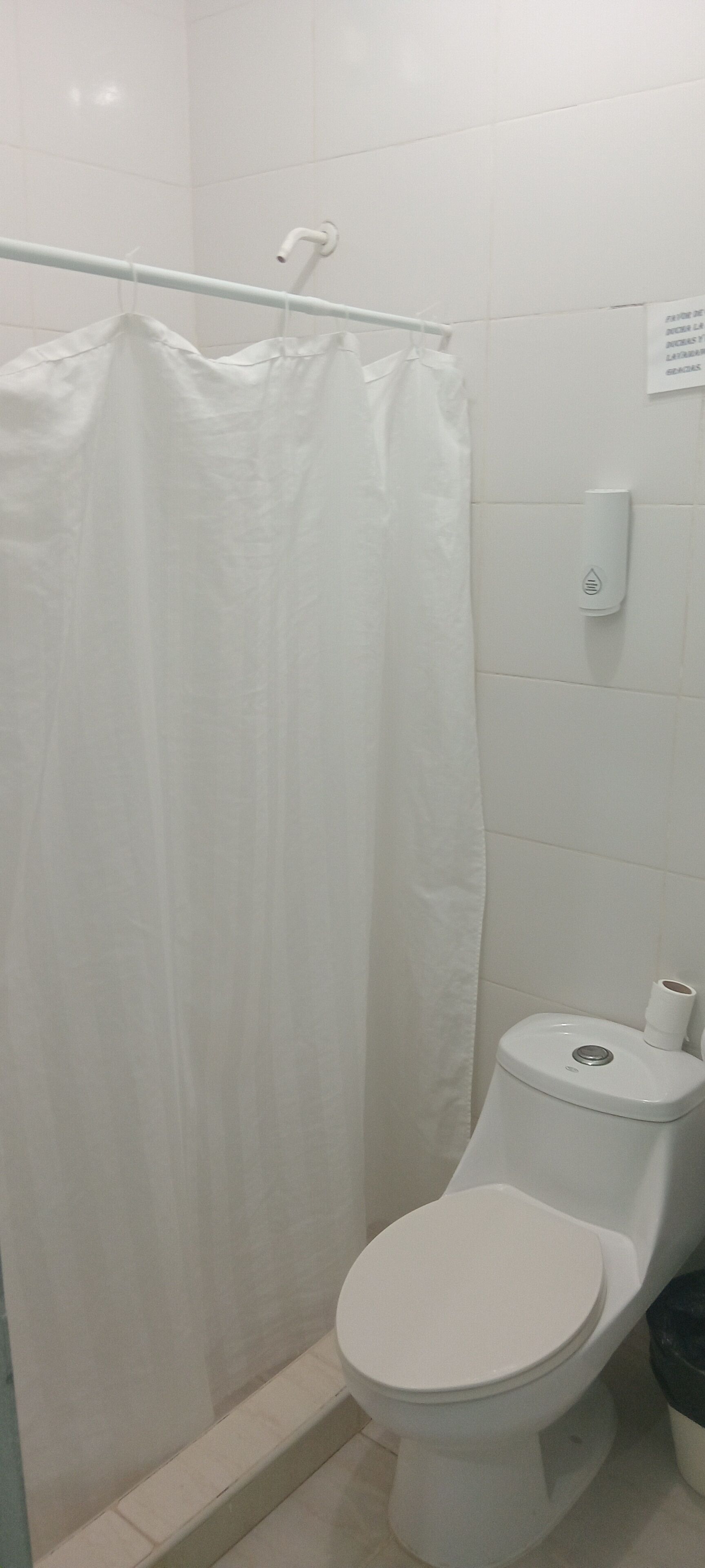 A bathroom with a white toilet, a shower curtain, and a wall-mounted soap dispenser.