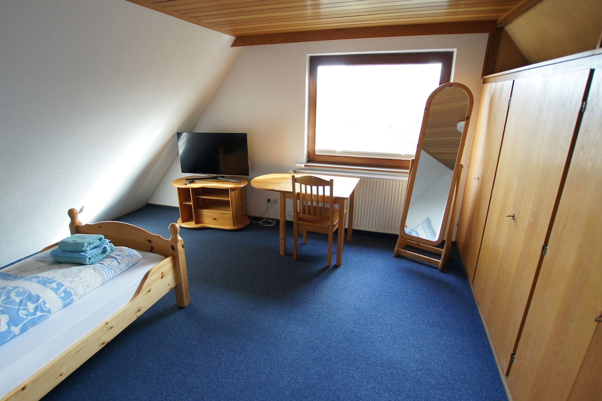 Une petite pièce bien éclairée, avec un lit simple, un bureau avec une chaise, une télévision et un grand miroir.