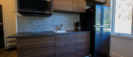 Suite, 1 Queen Bed with Sofa bed, Kitchenette, Mountain View | Private kitchen | Fridge, microwave, stovetop, coffee/tea maker