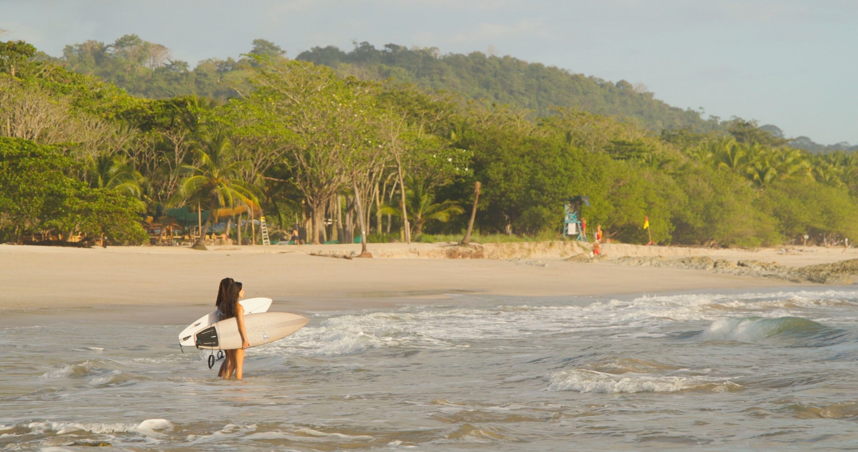 A beach scene with a person carrying a surfboard, waves, and a forested hill in the background.