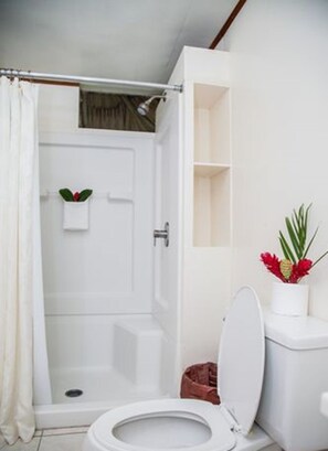 Cabaña estándar, 2 camas matrimoniales, para no fumadores | Baño | Regadera, regadera tipo lluvia, amenidades de baño gratuitas, toallas