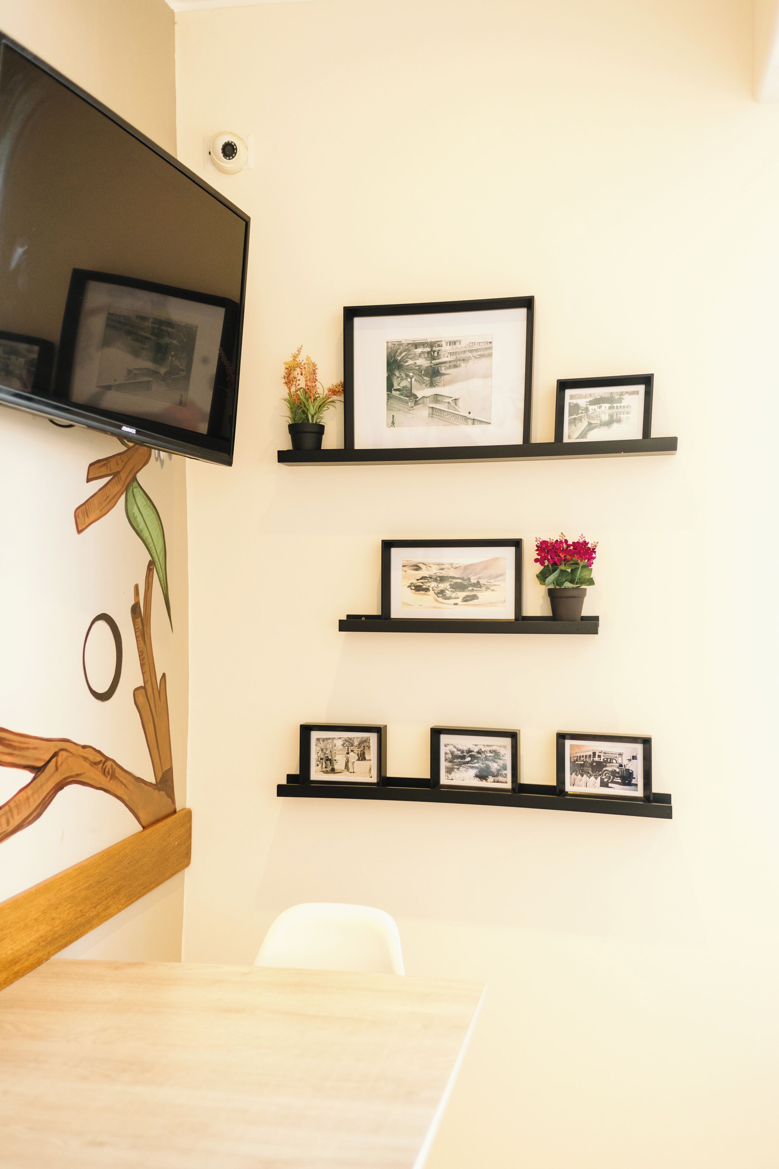 A dining area with a wooden table and chairs, a mounted television, and multiple black shelves with framed pictures and potted plants.