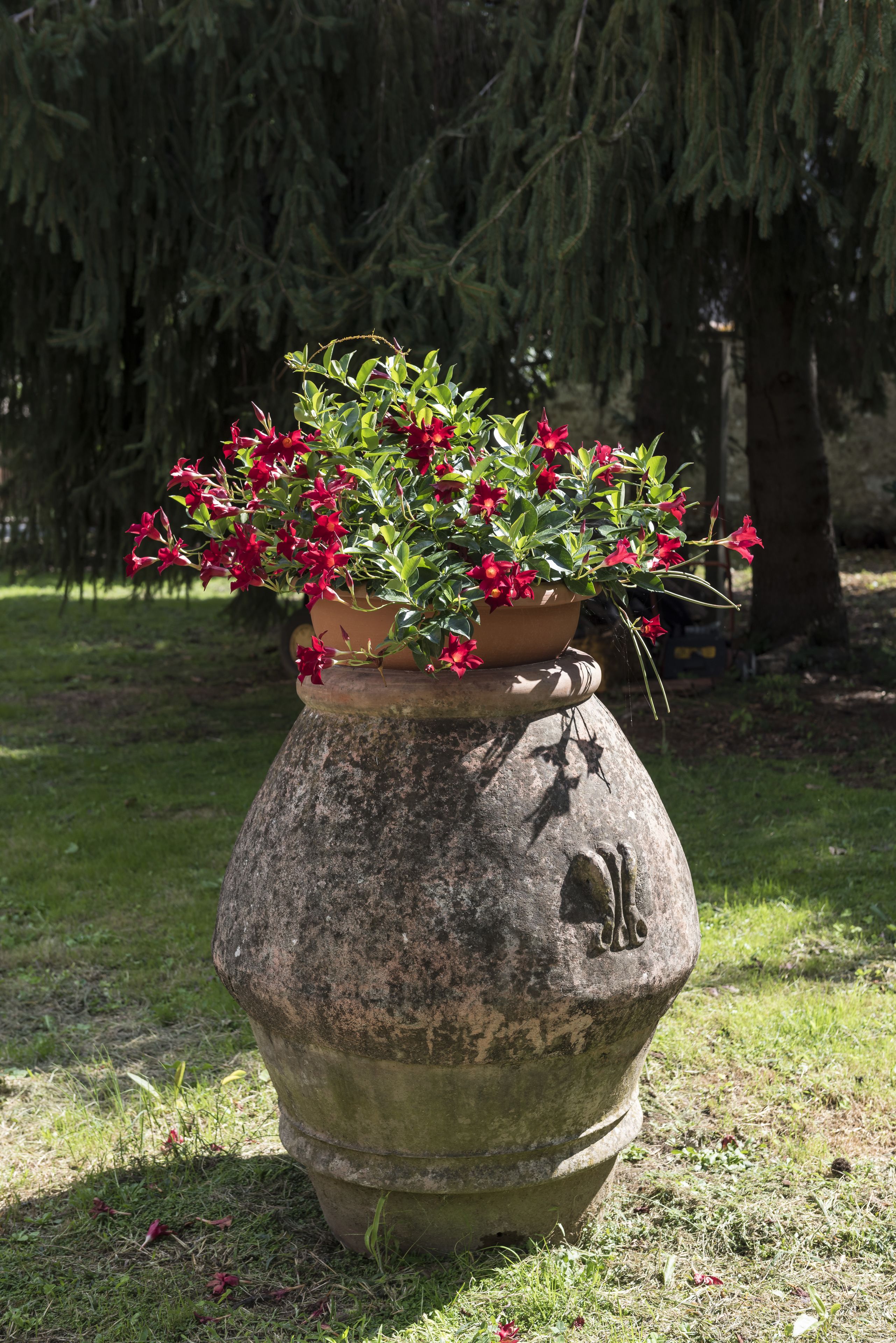 A large, weathered stone planter with a smaller pot on top, filled with red flowers, set on a grassy area with trees in the background.