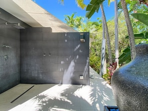 A modern outdoor area with a dark wall, a large stone planter, and tropical vegetation.