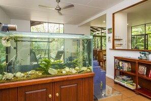 A room with a large aquarium, a ceiling fan, a bookshelf, and a view of greenery outside.