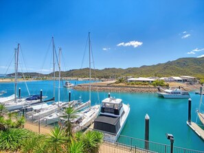 A marina with boats docked, a clear blue sky, and a hilly landscape in the background. - Blue on Blue Studio Room 1222 (Nelly Bay)