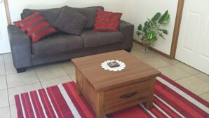 Un salón con un sofá gris, cojines rojos y negros, una mesa de centro de madera con un marco de fotos, una planta en maceta y una alfombra a rayas.