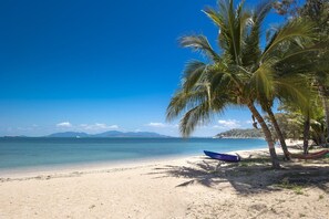 Una playa con una hamaca, un bote azul y palmeras.