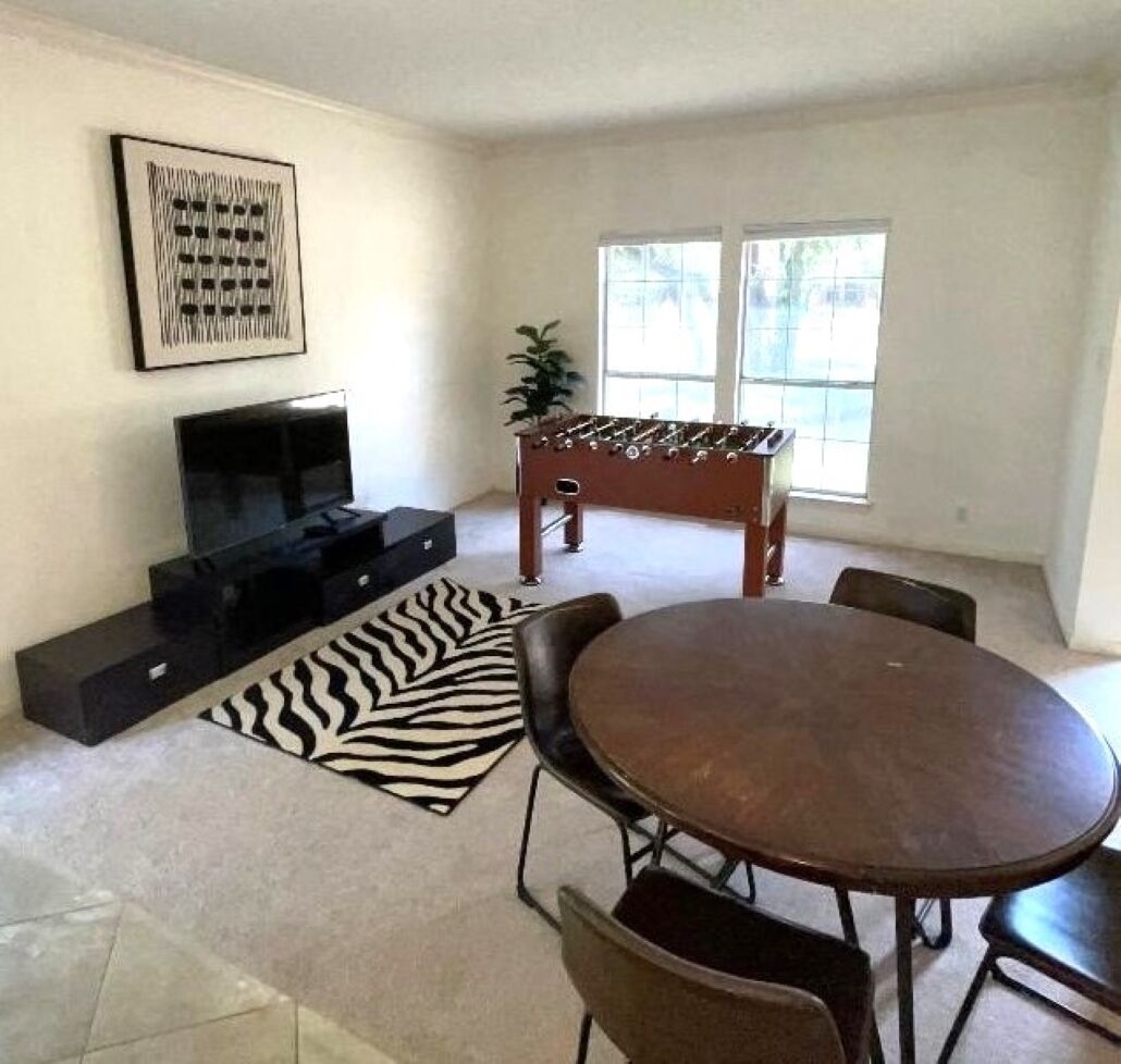 A living room with a foosball table, a TV, and a zebra-patterned rug.