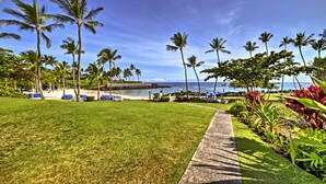 Un complexe hôtelier tropical doté d’une pelouse verdoyante, de palmiers et offrant une vue sur la plage.