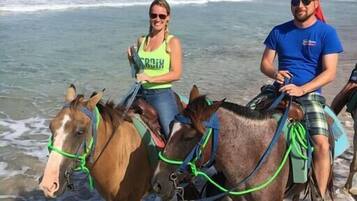 Dos personas montando a caballo en una playa con olas del océano al fondo.