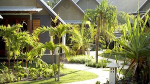 A row of modern, single-story buildings with a well-maintained garden featuring palm trees and shrubs. - Pure Magnetic Villa 1 (Nelly Bay)
