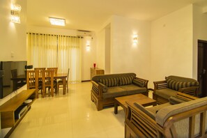 TV, DVD player, video library, stereo