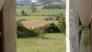 Una finestra amb vista a un paisatge verd, incloent camps i arbres.