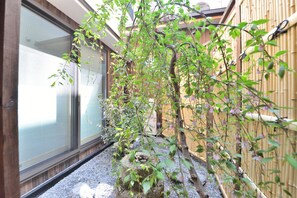 Stroll through this tranquil courtyard, surrounded by a bamboo fence and a modern building with large windows.