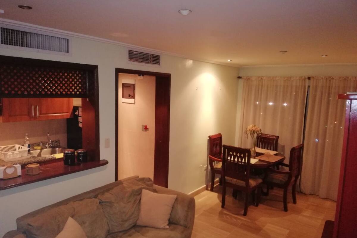A living room with a sofa, a dining table with chairs, a kitchen area with cabinets, and a window with curtains.
