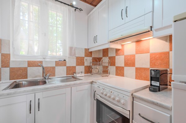 Fridge, oven, coffee/tea maker, electric kettle