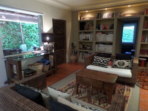 Télévision, cheminée, livres, médiathèque