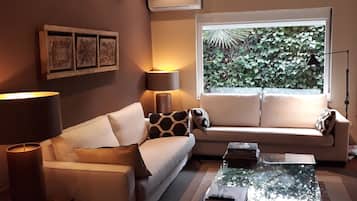 TV, fireplace, books, music library