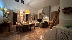 A spacious living area with a dining table, sofas, and a fireplace.