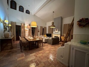 Televisio, takka, DVD-soitin, kirjoja